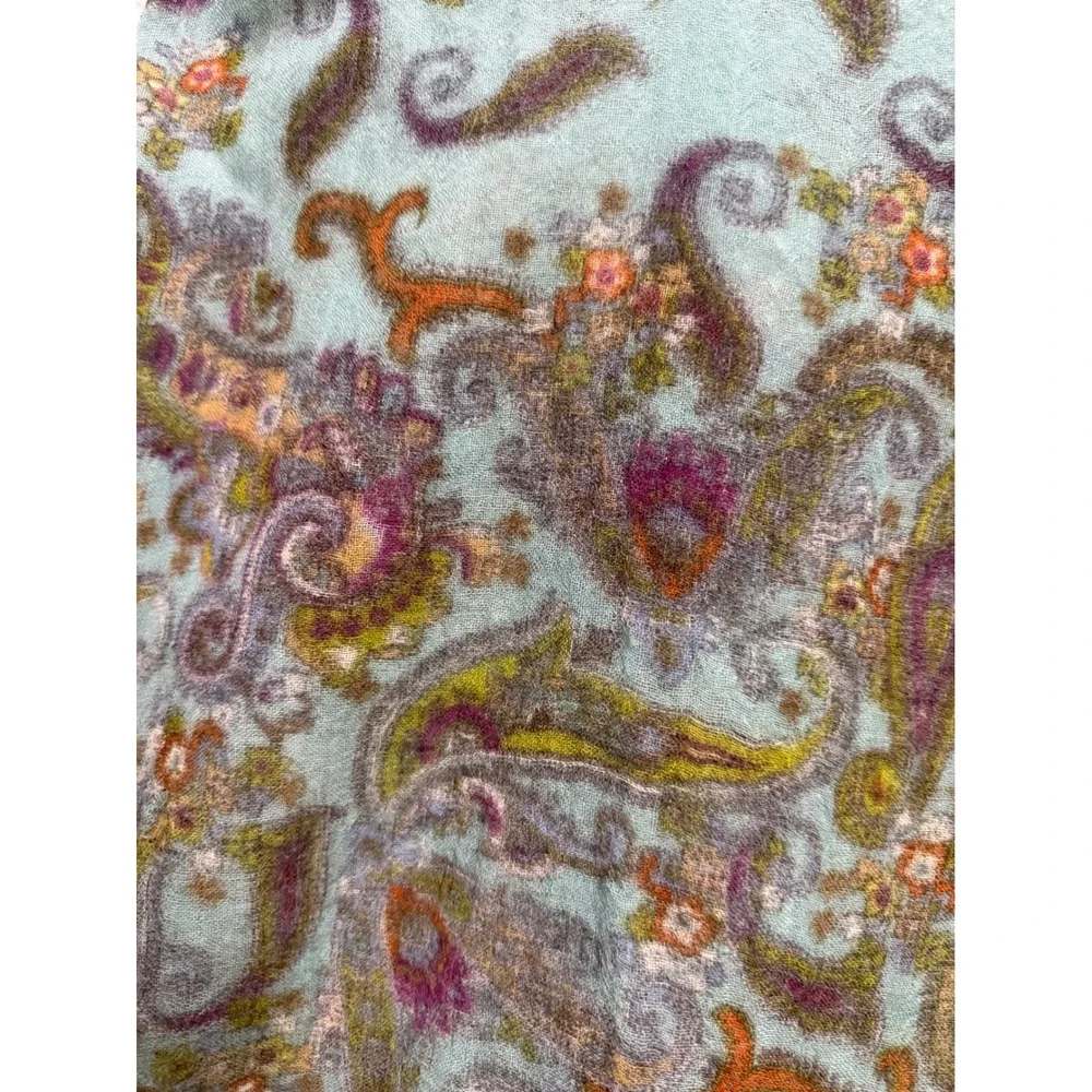 J. Jill Scarf/Shawl Wool Challis Aqua Blue  Paisley 100%  Fringed Gorgeous!  OS